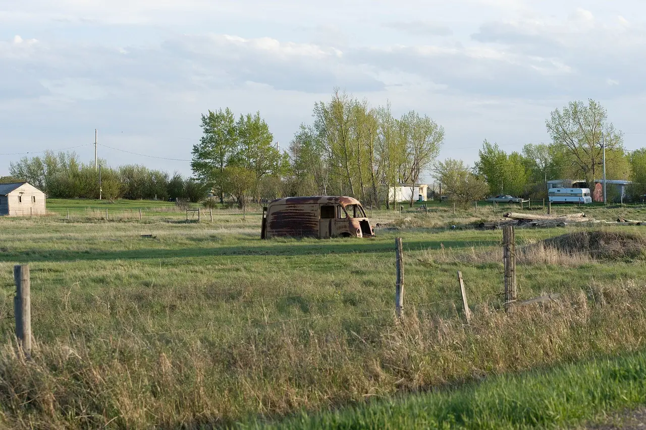 Rusty old delivery van in a field, 2009